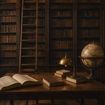 Classical library interior with globe and books